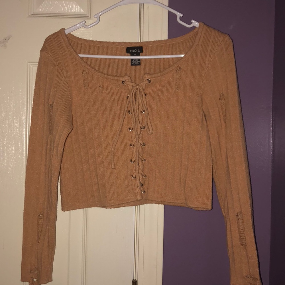 Long sleeve lace up sweater